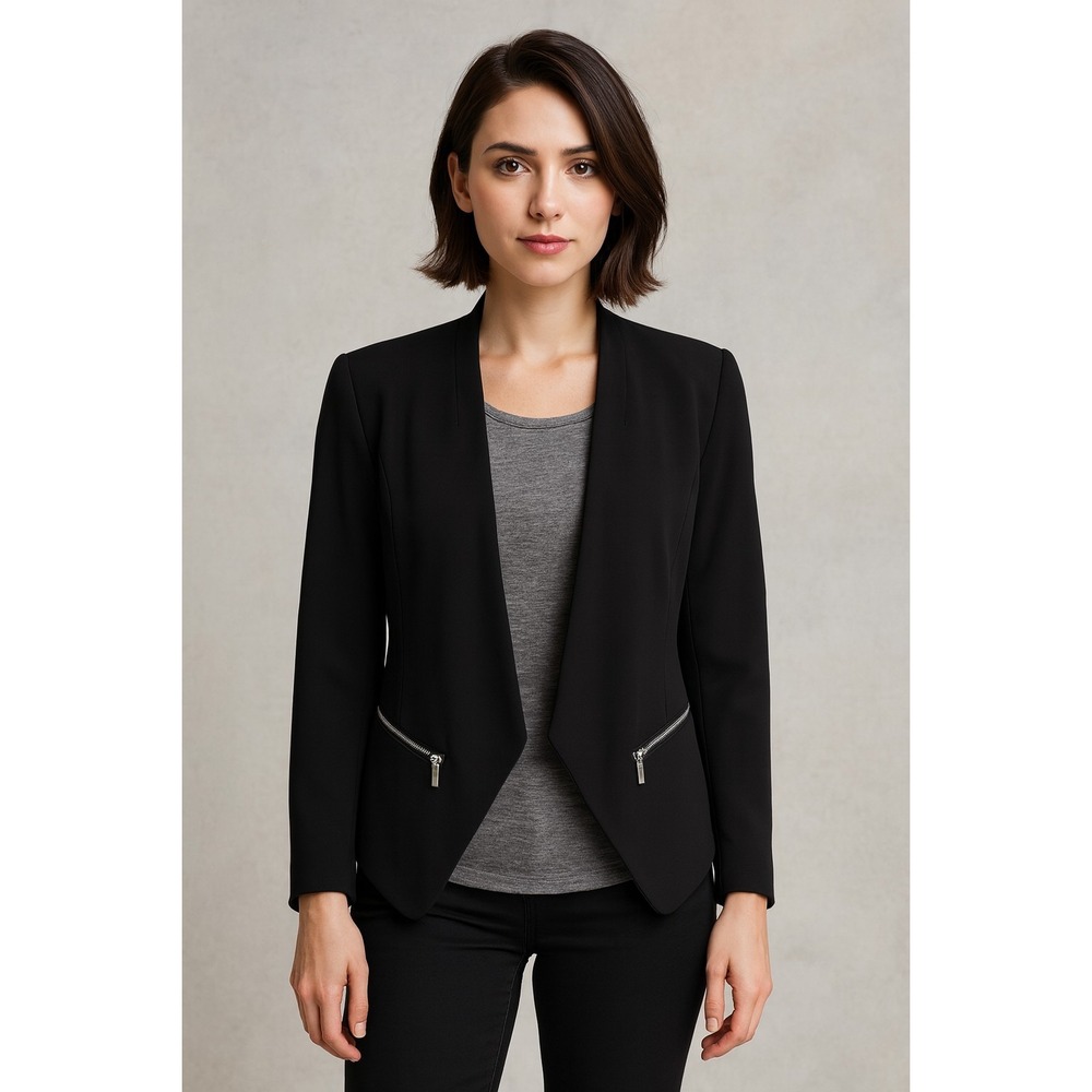 Trouvé‎ Black Open Front Waterfall Jacket Medium Zip Pocket Modern Blazer Career